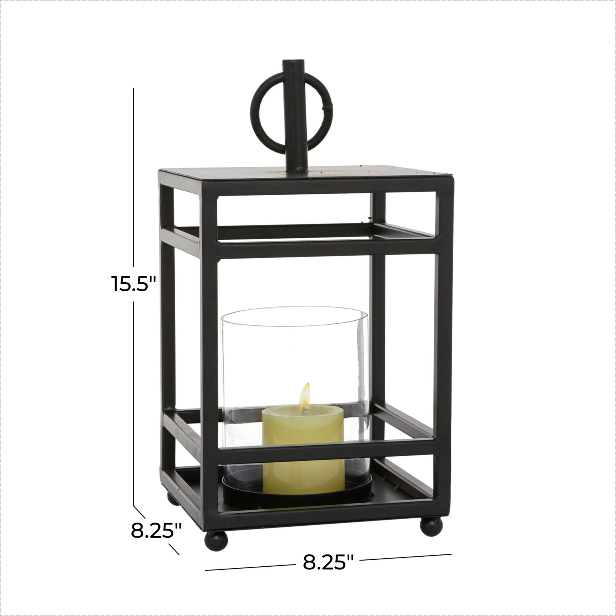 Black Iron Contemporary Candle Holder Lantern, 16" x 8" x 8"
